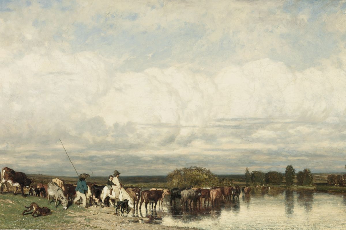 A large herd of cattle and horses crossing a shallow river, led by two mounted drovers, beneath a wide cloudy sky over a flat