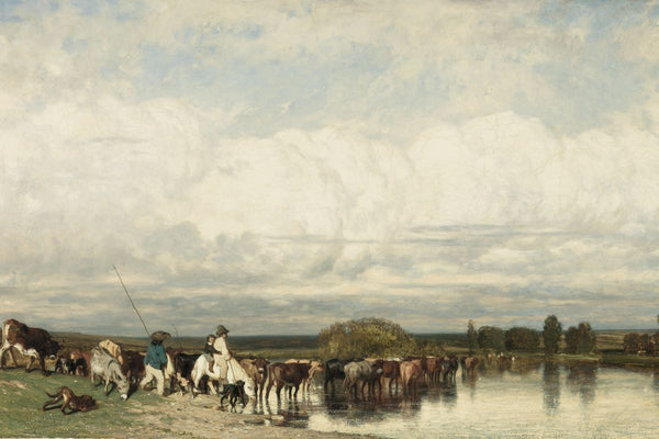 A large herd of cattle and horses crossing a shallow river, led by two mounted drovers, beneath a wide cloudy sky over a flat