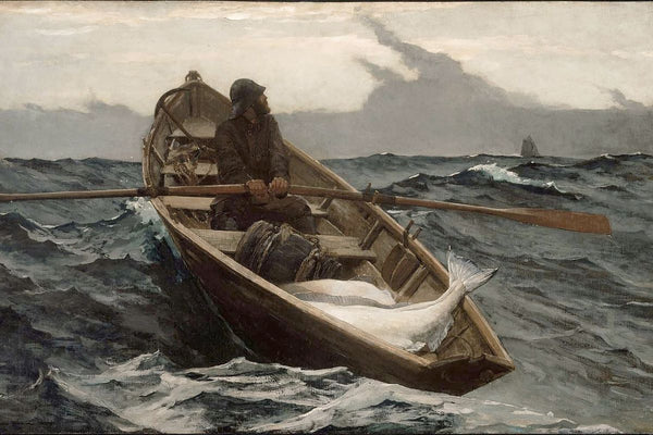 A bearded fisherman rowing a wooden dory with a large fish and barrel in rough open seas under a stormy sky.