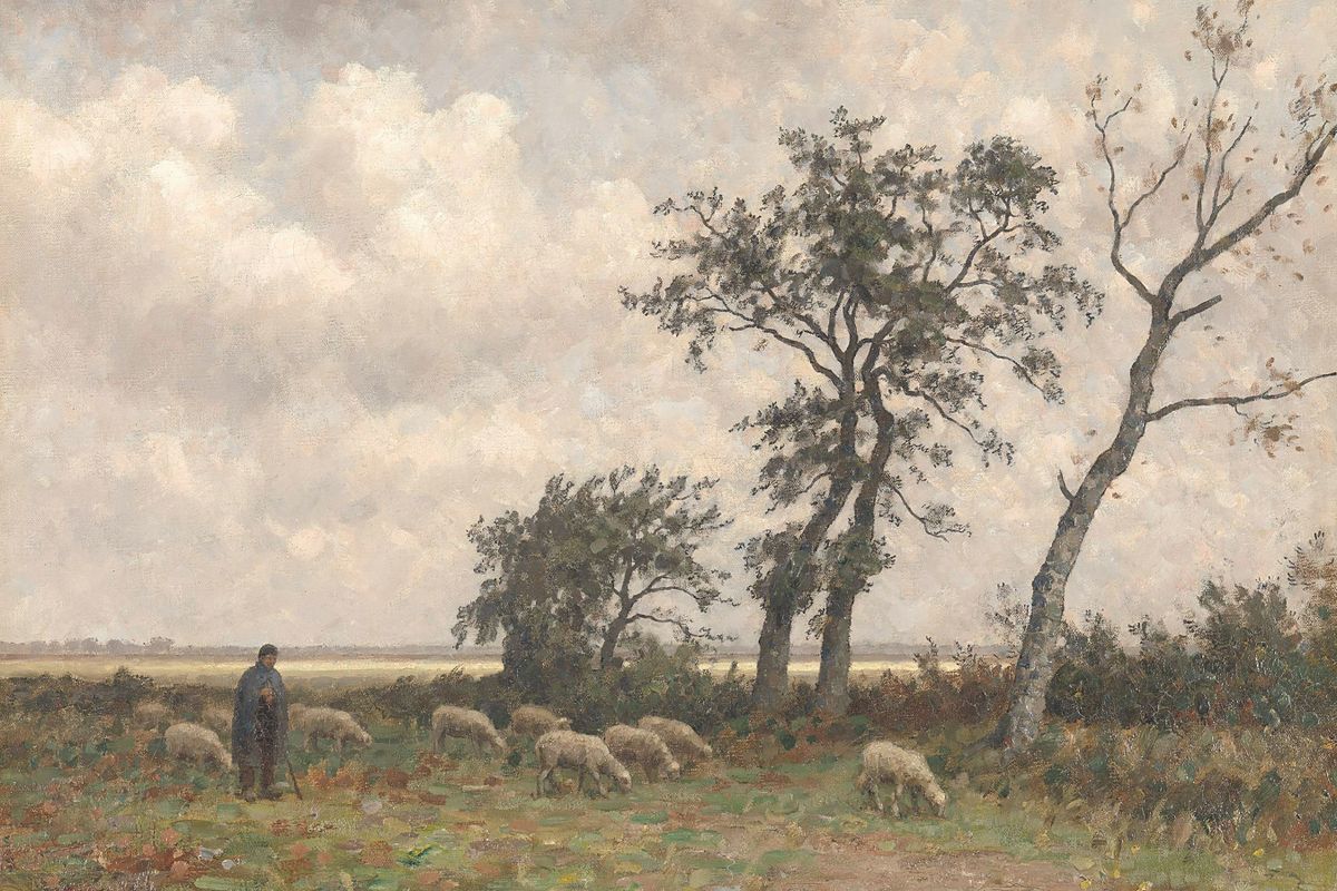 A shepherd with a staff stands among a grazing flock of sheep on an open heath beside tall trees under a wide cloudy sky.