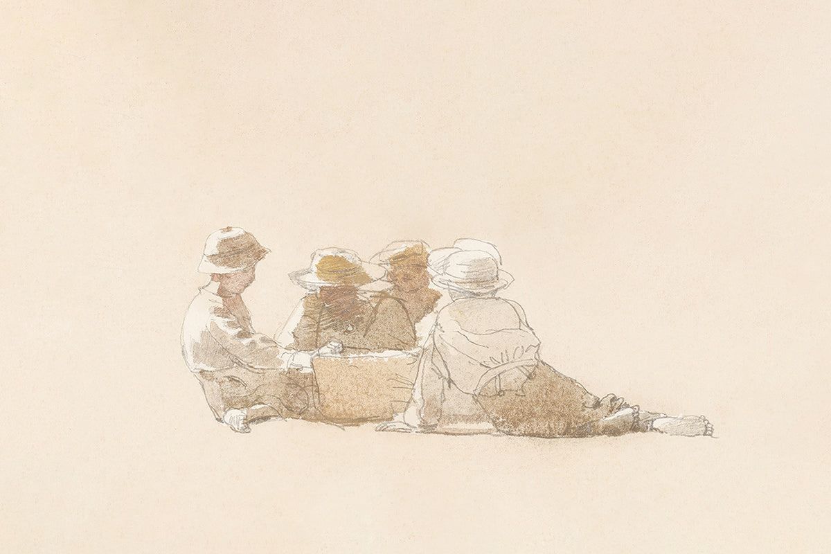 Four hatted figures seated on the ground from behind, clustered around a basket on a pale cream background.