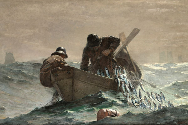 Two fishermen in a wooden rowboat haul a net full of fish from a rough gray sea, with tall ships faintly visible in the foggy