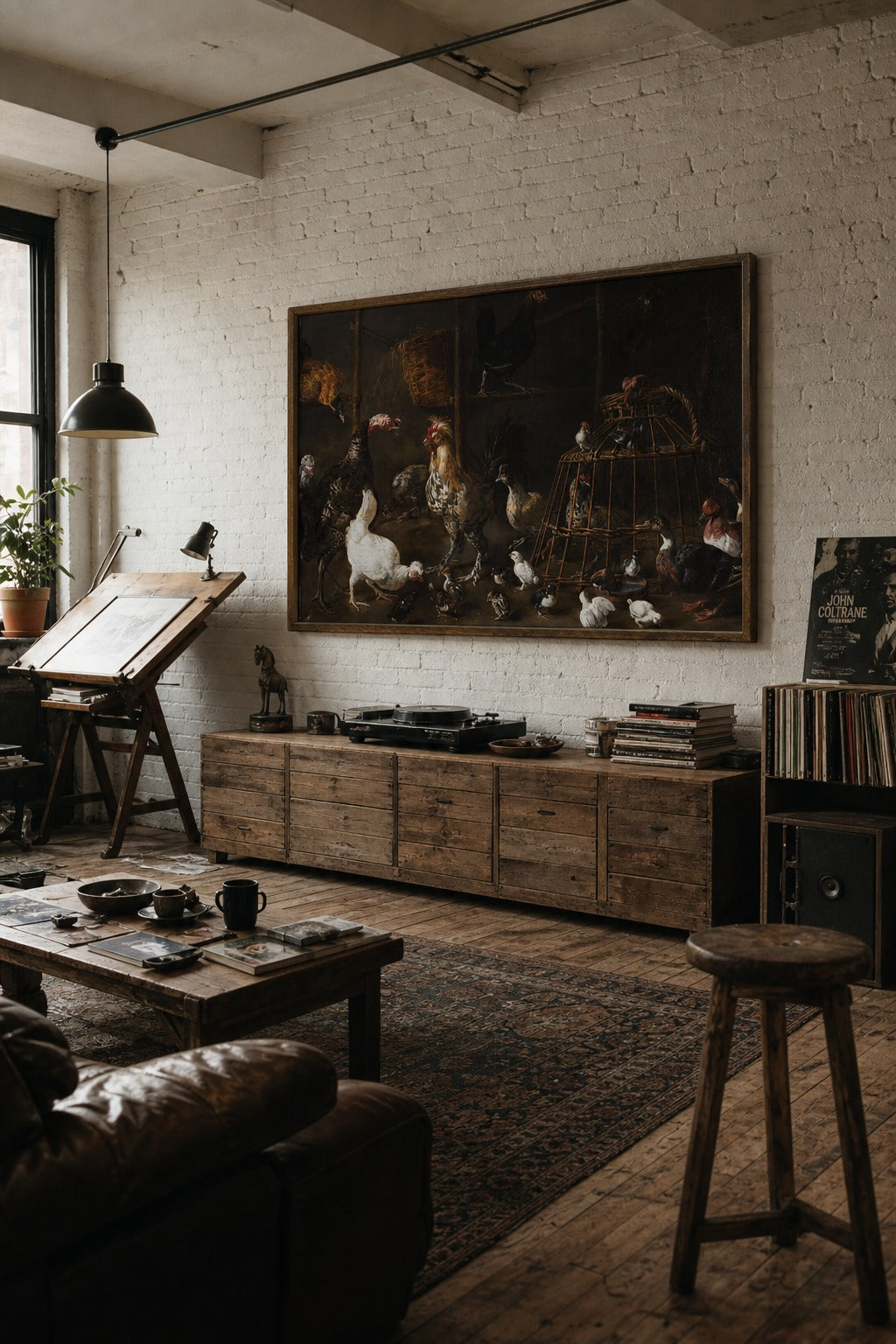 The Henhouse art print shown to scale on a wall