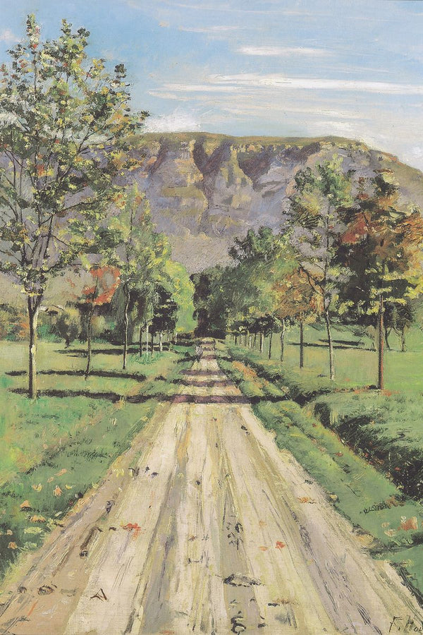 A straight dirt road lined with trees leads toward a flat-topped rocky cliff under a pale blue sky, painted in oils.