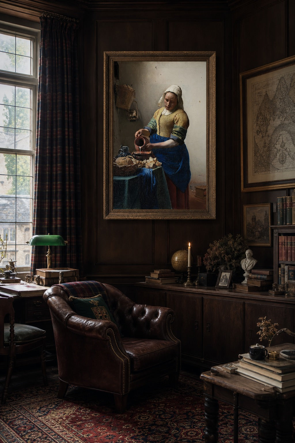 The Milkmaid art print shown to scale on a wall
