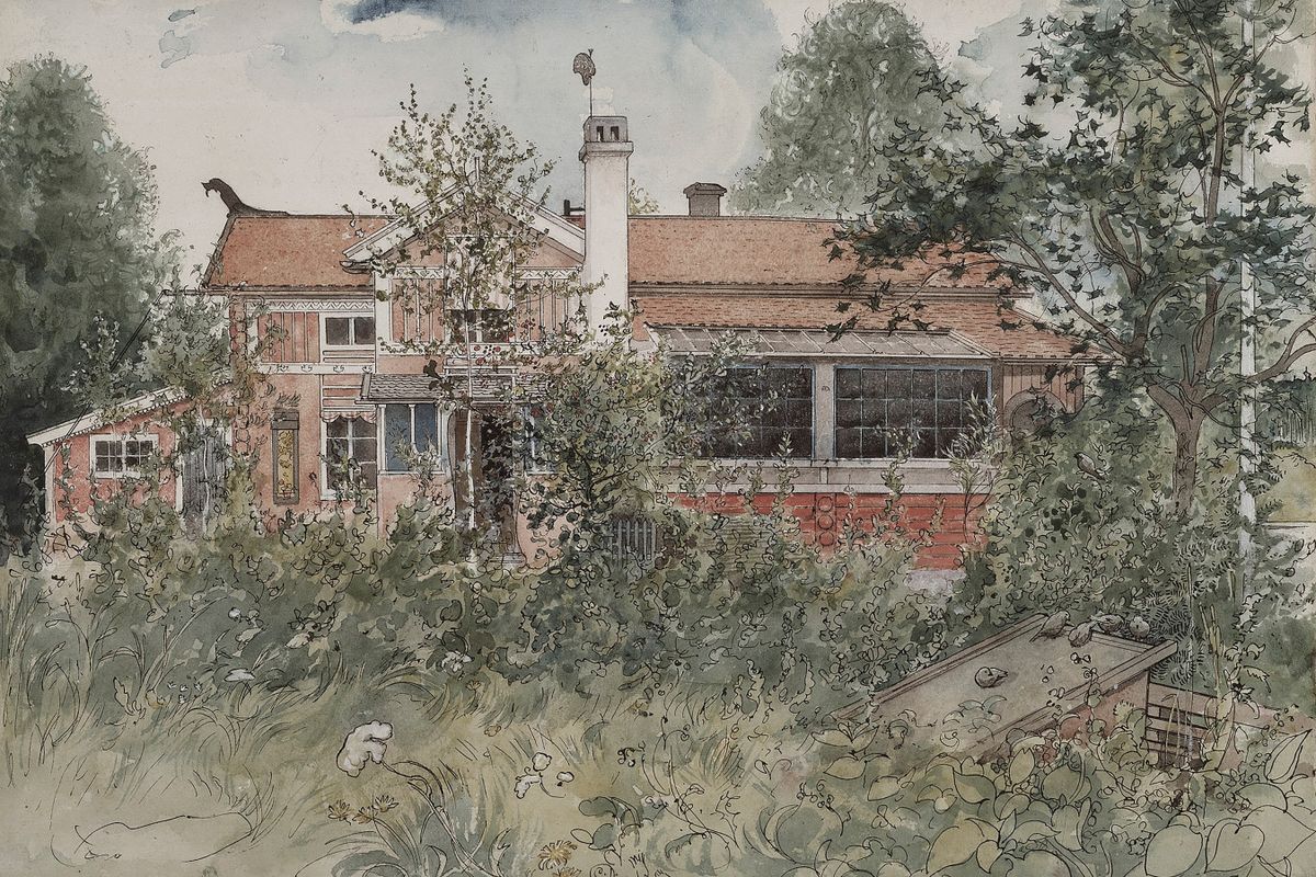 A watercolour and ink exterior view of a red-brick house nestled behind an overgrown summer garden with mature trees and a ro