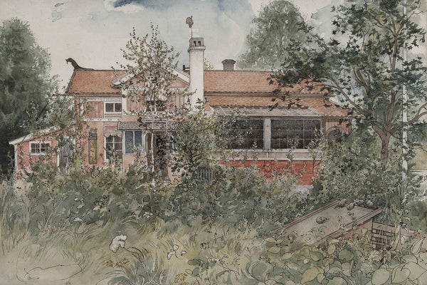 A watercolour and ink exterior view of a red-brick house nestled behind an overgrown summer garden with mature trees and a ro