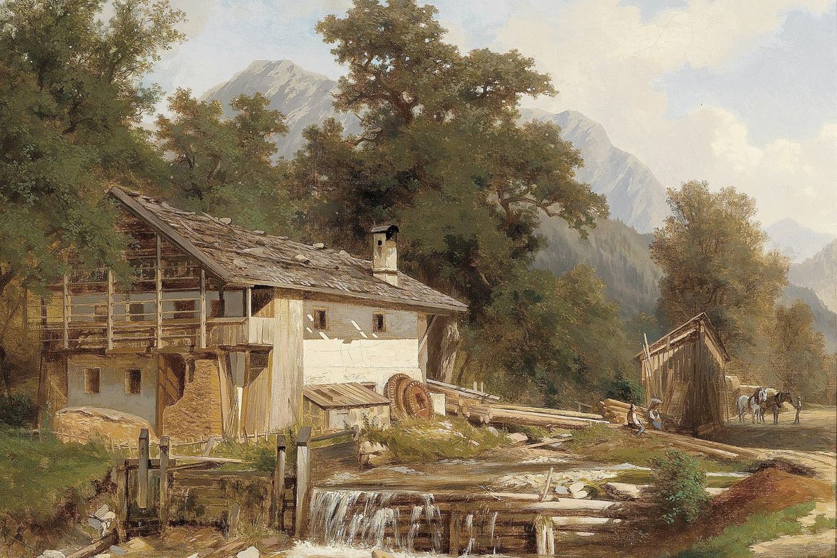 An oil painting of an Alpine watermill beside a rushing stream, with figures and horses on a path and mountains in the backgr