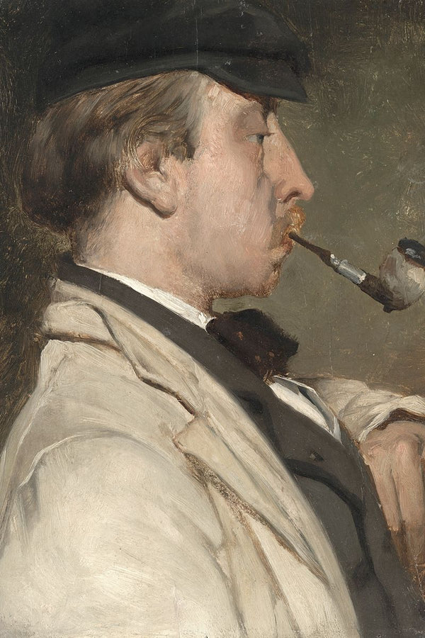 A man in profile wearing a flat cap and pale overcoat smoking a briar pipe against a dark olive-green background.