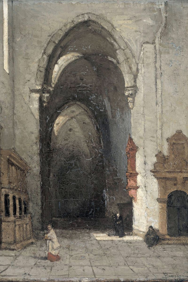 A vast Gothic stone church portal with nested arches seen from an exterior courtyard with small human figures on the paving s