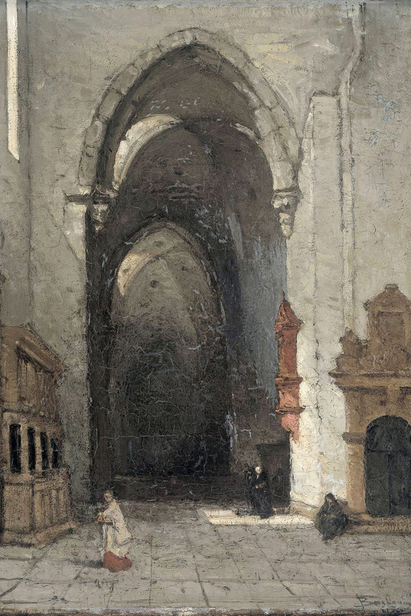 A vast Gothic stone church portal with nested arches seen from an exterior courtyard with small human figures on the paving s