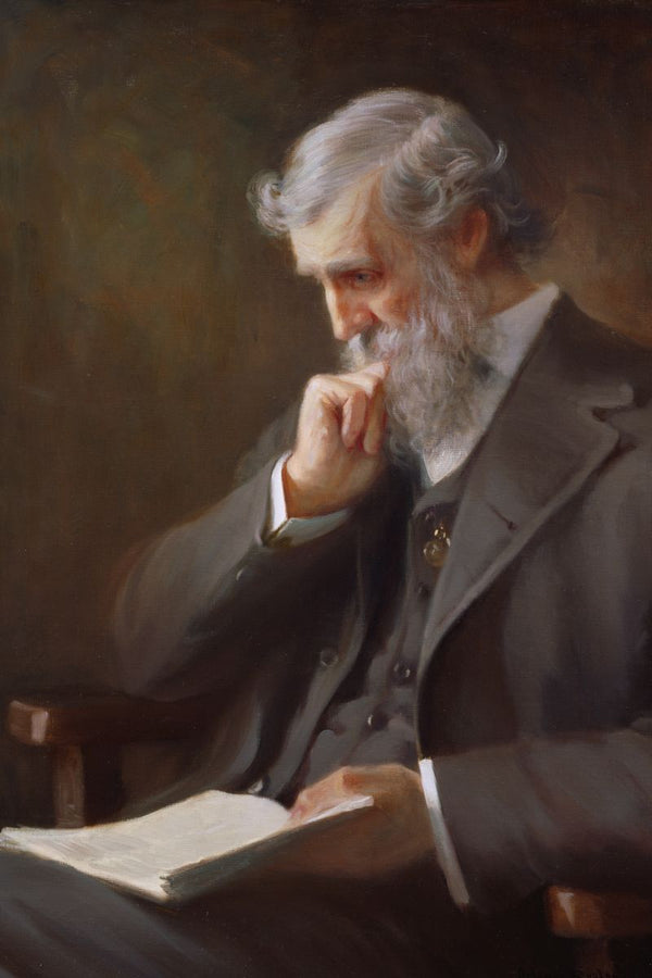 Oil portrait of a seated grey-bearded elderly man in a dark suit, hand to chin, with an open book before him.