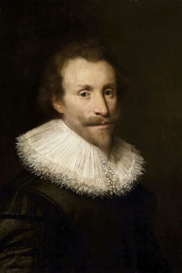 A bust-length portrait of a mustachioed man wearing a white ruff collar and dark doublet against a dark brown background.