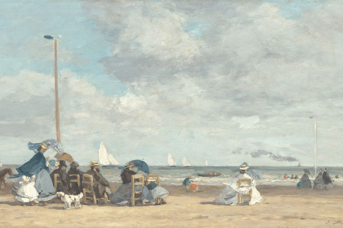 Victorian-era figures seated and standing on a sandy beach with sailboats visible on the sea under a cloudy sky.