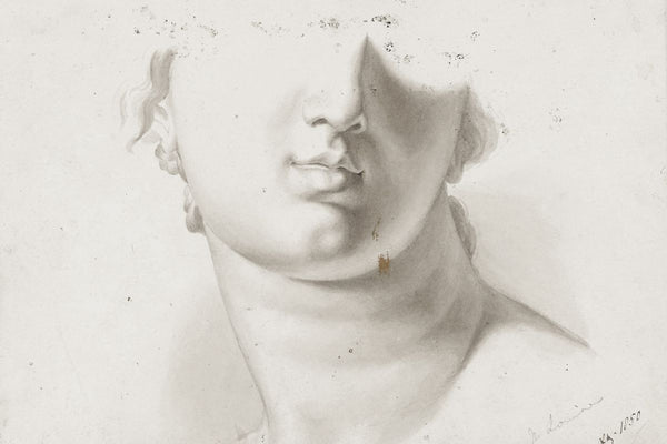 A cropped graphite-and-chalk academic study of a classical bust showing the nose, lips, chin, neck, and shoulder on aged pape