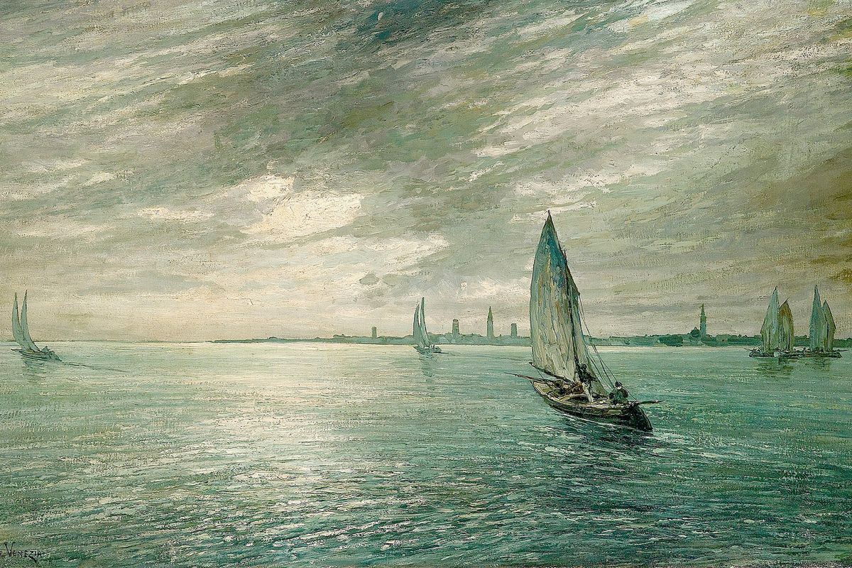 Multiple sailboats on a broad lagoon with the Venice skyline silhouetted in the distance under a cloudy sky.