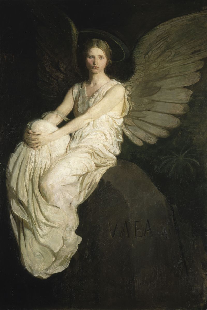 A winged, haloed female angel in a white gown sits on an inscribed stone, holding a sphere, against a near-black background.