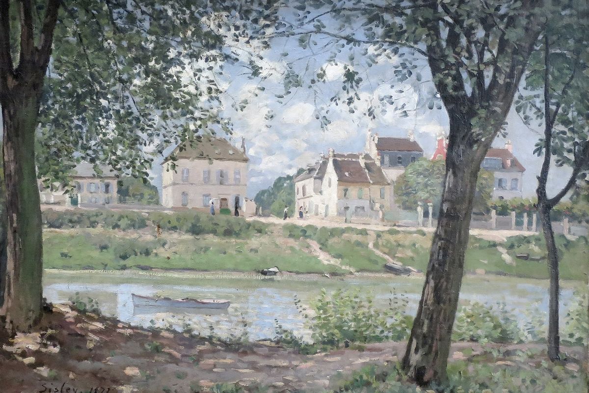 A Impressionist oil painting of a French riverside village seen through trees, with a rowboat on calm water and figures on a