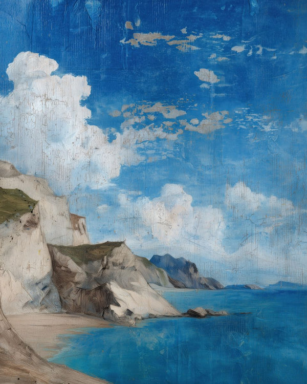 White chalk sea cliffs overlooking a calm blue ocean with cumulus clouds filling a wide blue sky above.