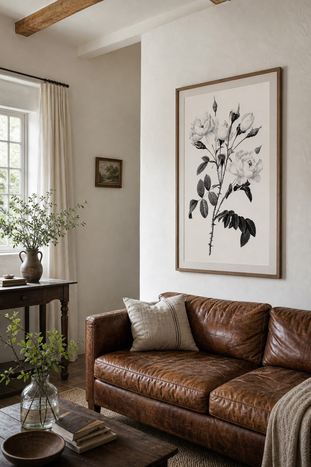 White Rose art print shown to scale on a wall