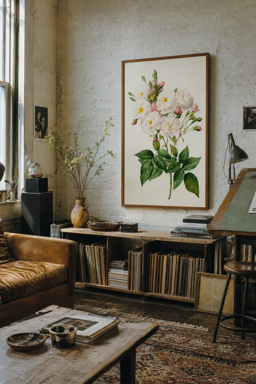 White Rose art print shown to scale on a wall