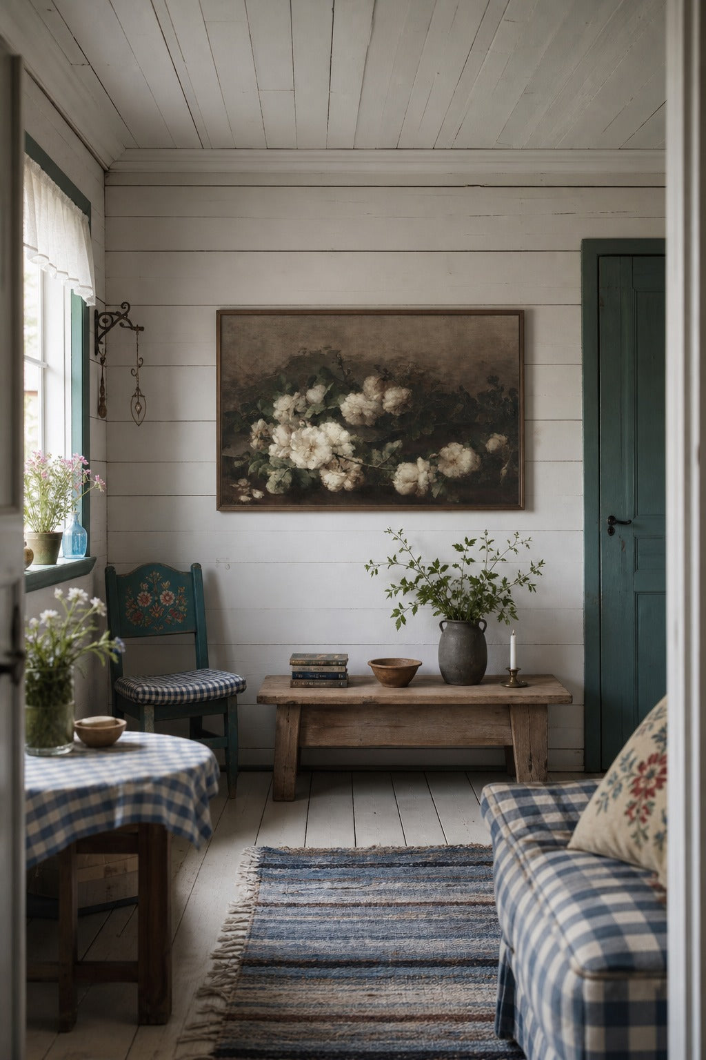 White Roses art print displayed in a modern interior