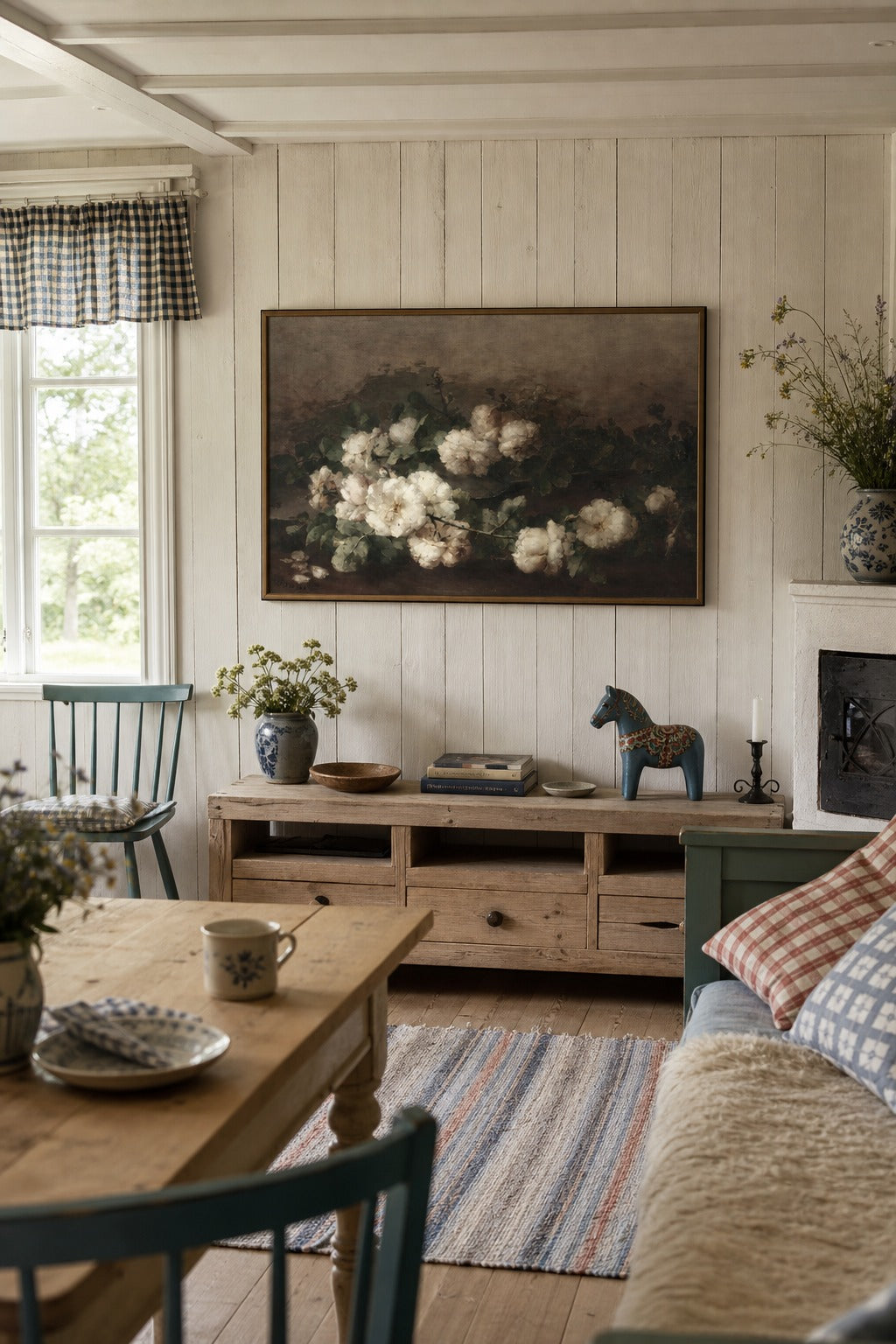 White Roses art print shown to scale on a wall