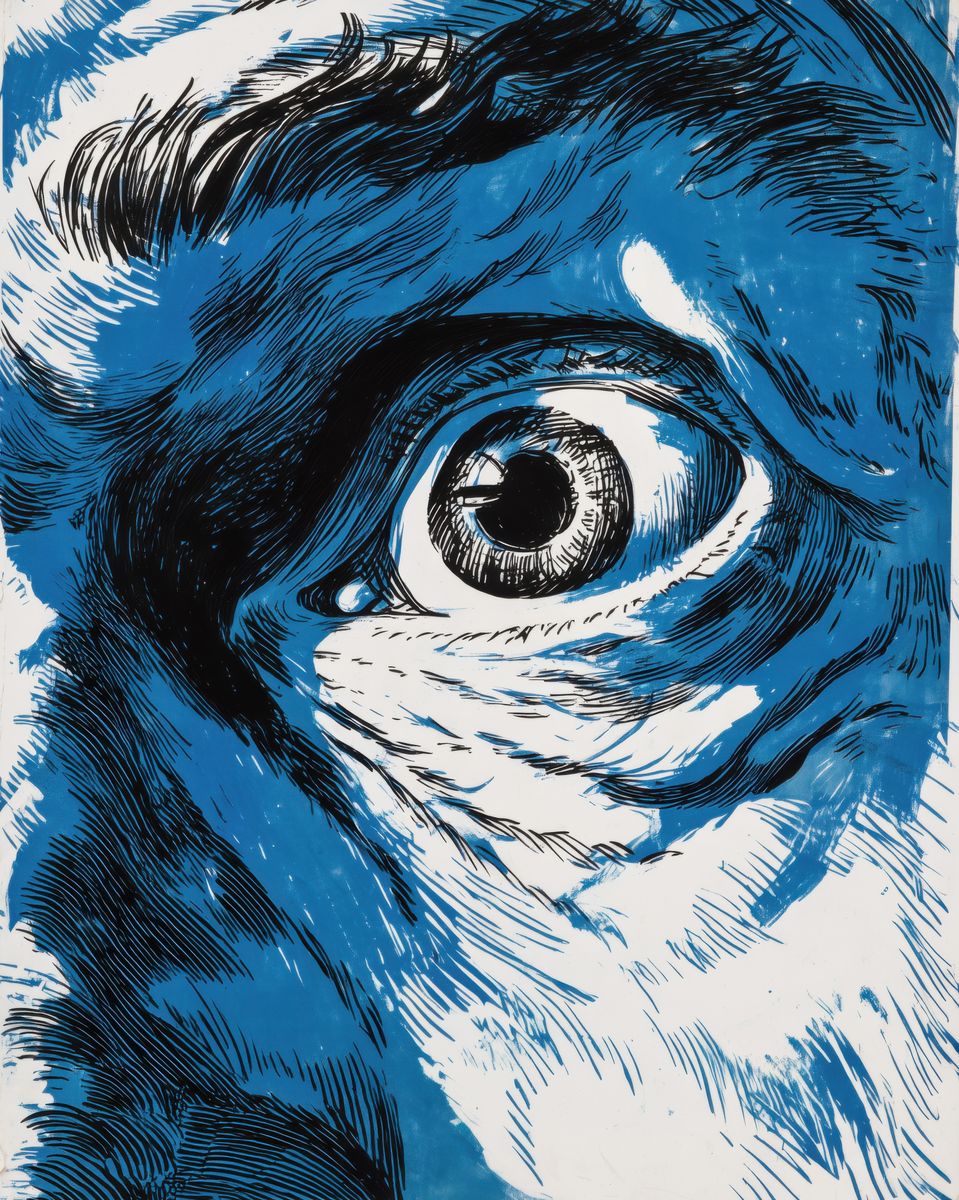 An extreme close-up of a single eye surrounded by swirling blue and black fur or hair, rendered in ink with hatching and bold