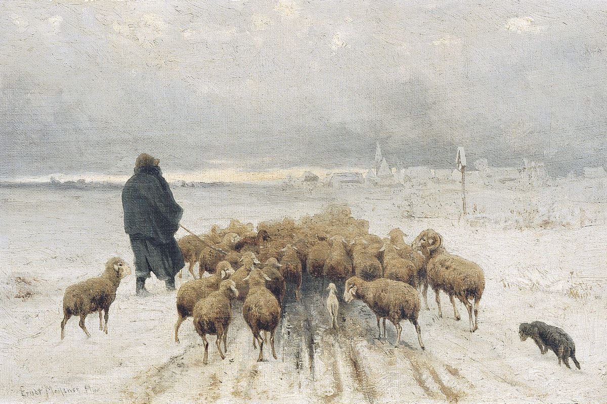 A cloaked shepherd with a staff guides a flock of sheep across a snowy field toward a distant village, with a herding dog at