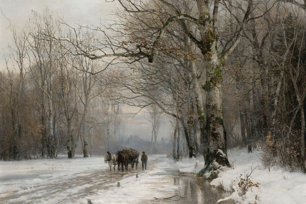 Two horses pulling a wood-loaded cart along a snowy forest road, led by a man on foot, with bare winter trees on both sides a